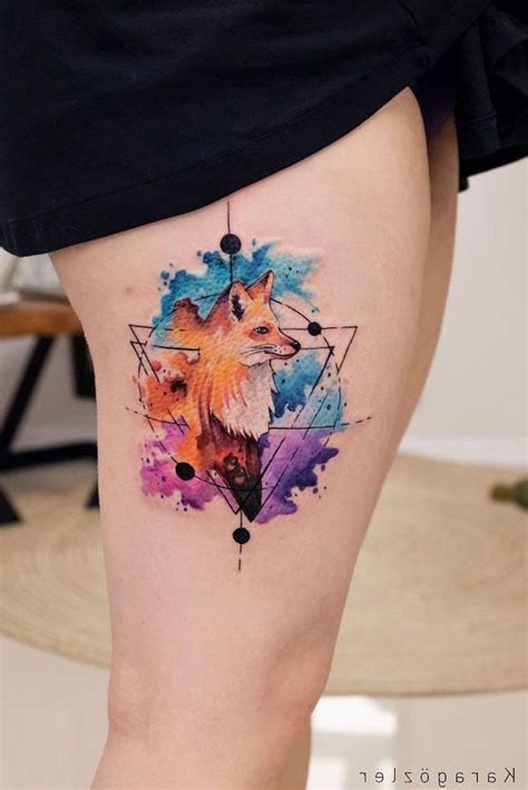 small flower tattoos, geometrical fox, watercolor thigh tattoo, black ...