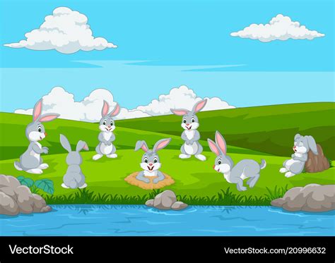 Cartoon funny rabbit playing on grass field Vector Image