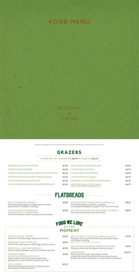 Food Menu - Pitcher & Piano