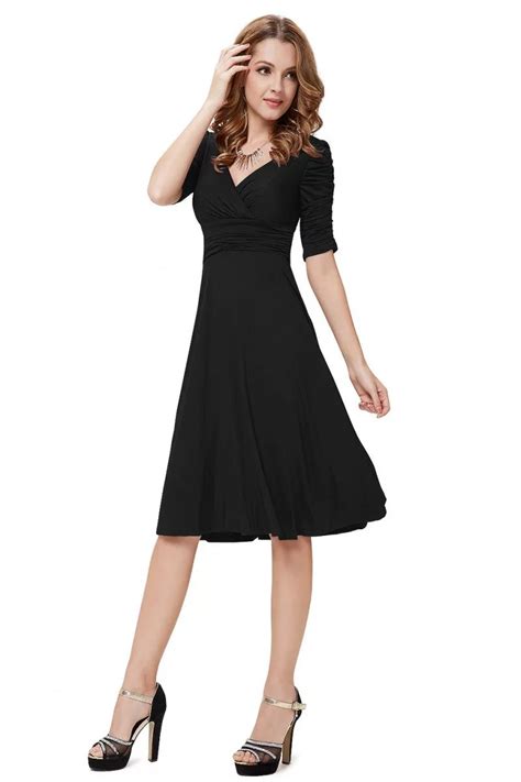 Black V-neck 3/4 Sleeve High Stretch Short Casual Dress - $31.96 #AS03632BK - SheProm.com