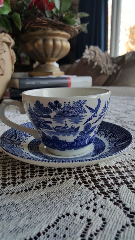 Broadhurst Willow Blue China Set Tea Cup and Saucer Set Willow Pattern With Pagoda and Love ...