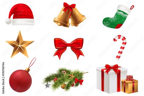 Christmas Symbols set. Colorful christmas icons isolated on white transparent background ...