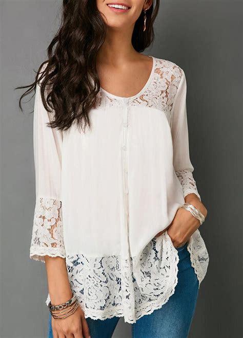 Solid Lace Splicing Three Quarter Sleeve Blouse | Elegant blouses, Blouses for women, Trendy ...