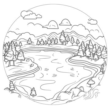 Coloring Page Of Lake With Tropical Islands Sketch Of A Forest With Tree And Rocks Outline ...