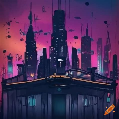 Nighttime illustration of a steampunk cyberpunk cityscape on Craiyon