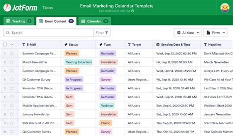 Email Marketing Calendar Template | JotForm Tables