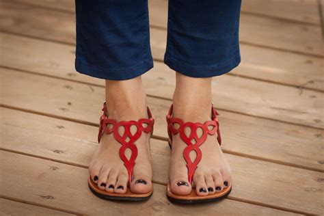 Red Leather Sandals Red Sandals Flat Sandals Summer Shoes