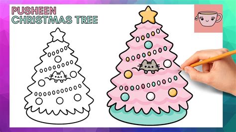 How To Draw Cute Easy Christmas Tree With Pusheen Cat Hiding In It ...