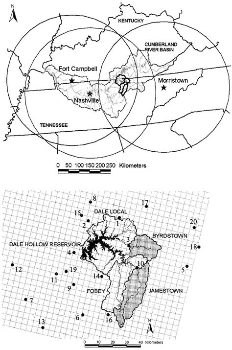 Study site: Upper map shows the Cumberland River Basin with the 250 km ...