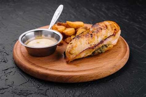 Premium Photo | Fried chicken served with sauce and garnish on wooden board