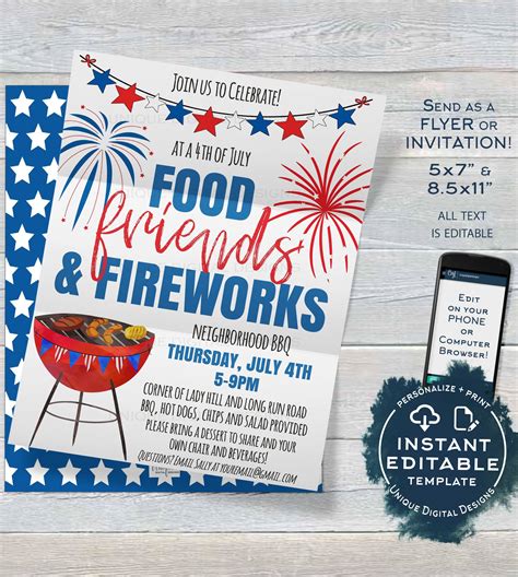 4th of July Invitation, Editable Fourth of July Celebration BBQ Fireworks Neighborhood Block ...