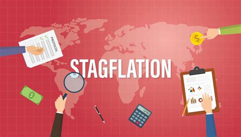 stagflation concept with people hand on top of the table with red background and modern flat ...