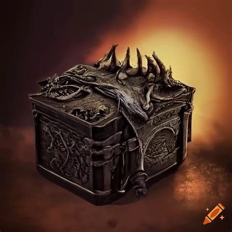 Ornate metal puzzle box with fantasy images on Craiyon