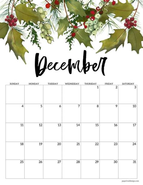 Free 2022 Calendar Printable - Floral - Paper Trail Design | Printable december calendar ...