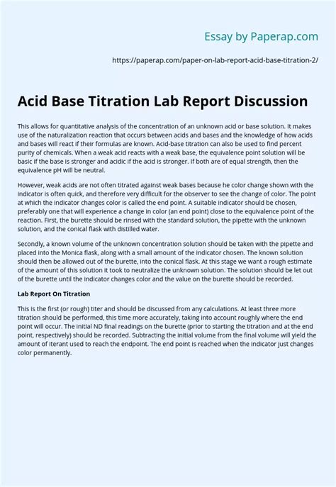 Acid Base Titration Lab Report Discussion Essay Example