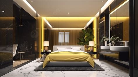 Contemporary Yellow Bedroom And Luxurious Bath Suite In 3d Rendering ...