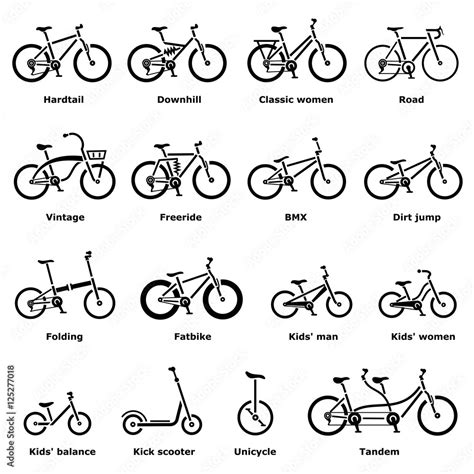 Bicycle types icons set. Simple illustration of 16 bicycle types vector icons for web Stock ...