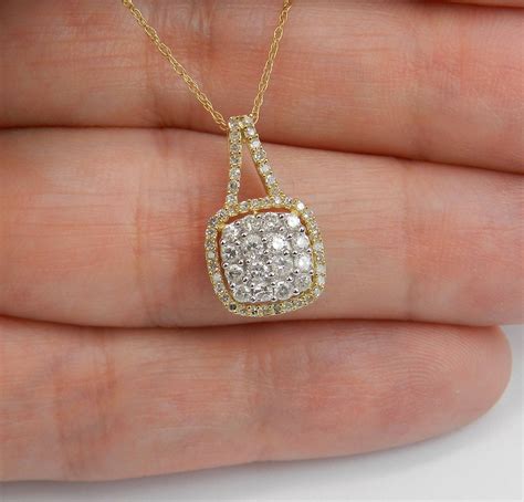 Diamond Cluster Pendant Drop Halo Wedding Necklace Yellow and White Gold 18 Chain