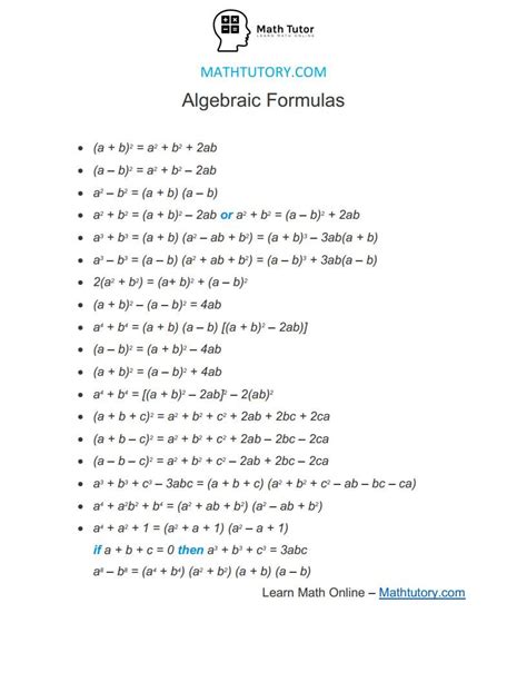 Algebra Formulas | Learn with examples | Math Tutor