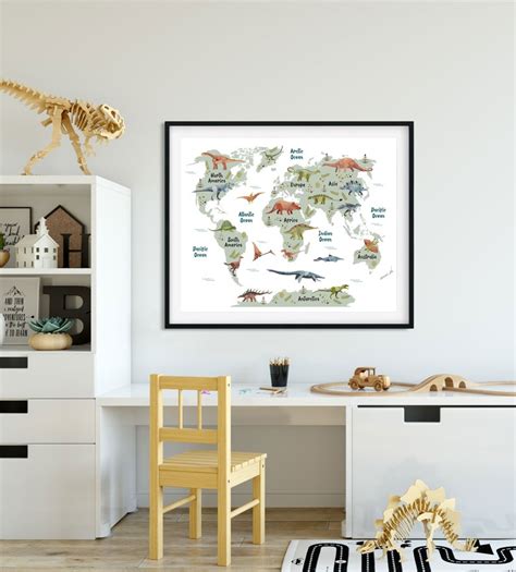 Dinosaur world map poster dinosaur wall art dinosaur wall | Etsy