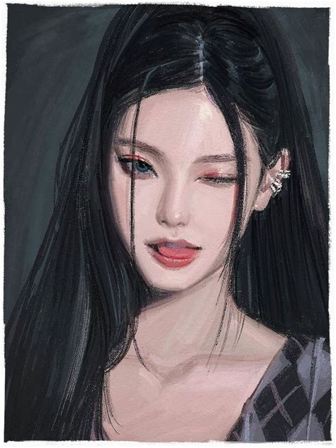 a painting of a woman with long black hair and piercings on her ear ...