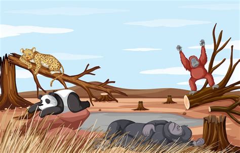 Free Vector | Deforestation scene with animals dying from drought