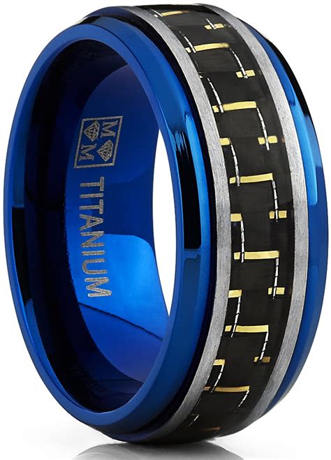 Men's Brushed Blue Titanium Wedding Bands Ring With Black and Yellow ...