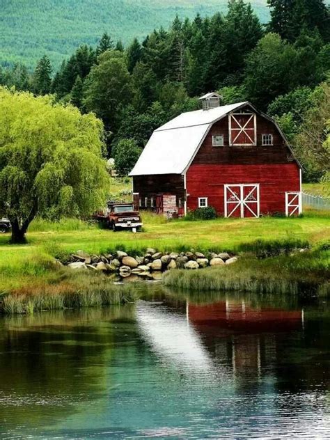 Red barn on a pond | Old barns, Country barns, Barn pictures