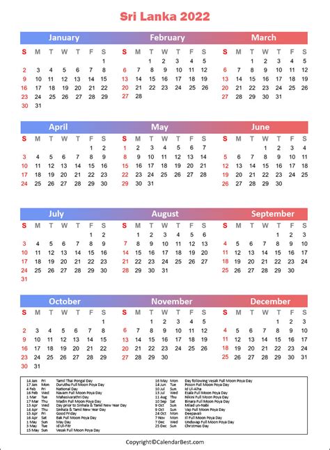 Free Printable Sri Lanka Calendar 2022 With Holidays