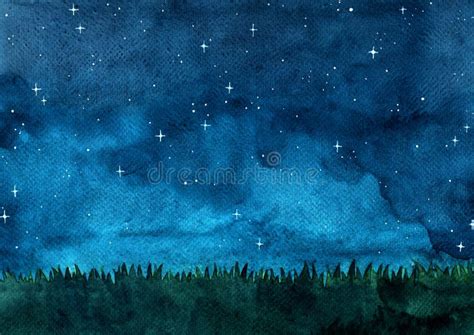 Grass Meadow with Night Sky Watercolor Hand Painting Background. Stock Illustration ...