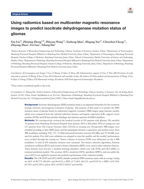 (PDF) Using radiomics based on multicenter magnetic resonance images to predict isocitrate ...