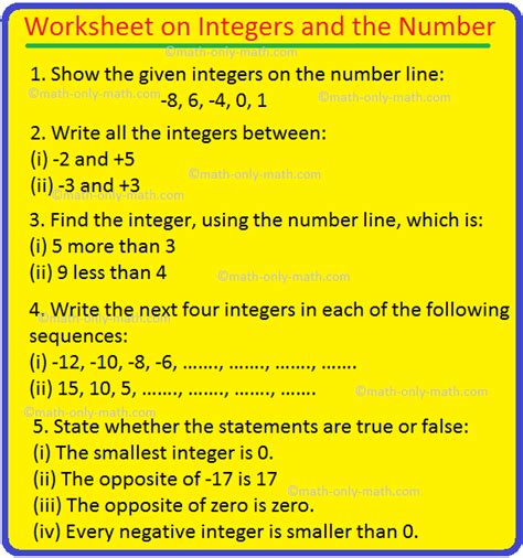 Worksheet on Integers and the Number Line|Integers using a Number Line