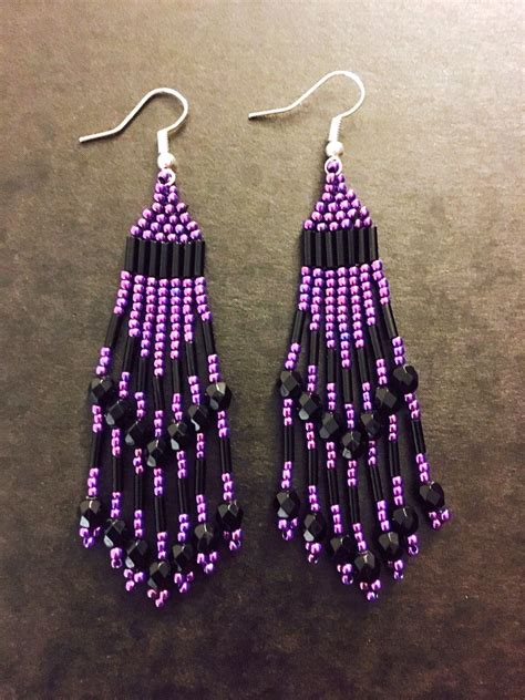 Purple and Black Fringe Earrings | Seed bead earrings | Long Earrings| Nickel free | Bead work ...