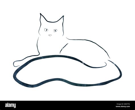 laying cat illustration with paper texture, line drawing Stock Photo ...