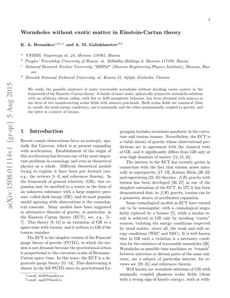 (PDF) Wormholes without Exotic Matter in Einstein-Cartan Theory