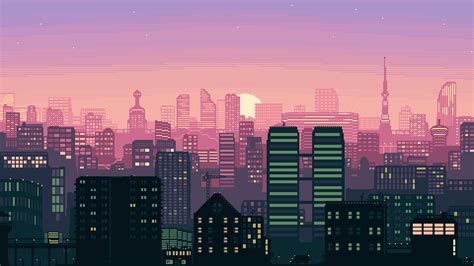 Pixel Art City Night Wallpaper