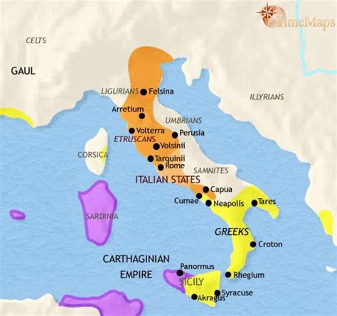 Map of Italy, 500 BCE: Greeks, Etruscans and Early Rome | TimeMaps