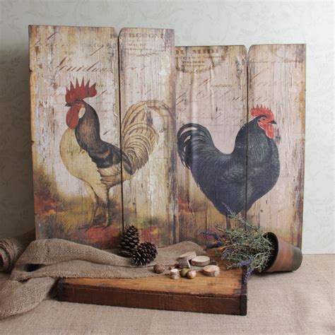 French Country Rooster Wall Art Plaque Panel Mounted on Distressed ... | Rooster wall art ...