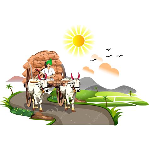 Rural Bullock Cart Farmer Riding A Paddy Vector, Pongal Bullock Cart ...