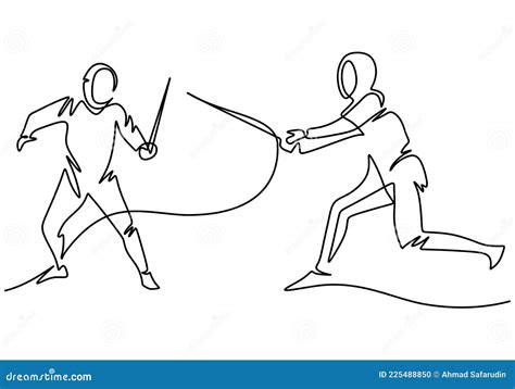 Continuous One Line Drawing of Two Man Fencing Athletes Fight Suit ...