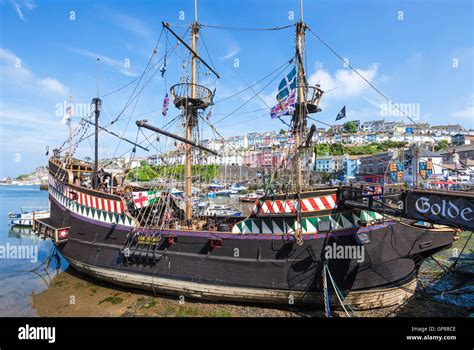 Golden Hind Replica ship moored in Brixham Harbour Brixham Devon England UK GB EU Europe Stock ...