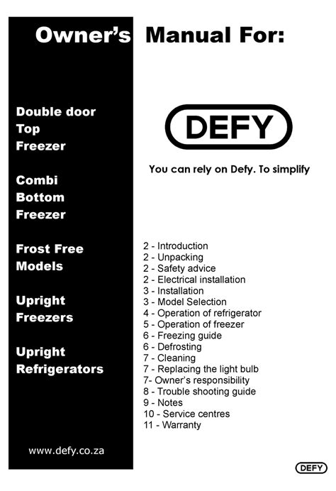 DEFY DOUBLE DOOR TOP FREEZER OWNER'S MANUAL Pdf Download | ManualsLib