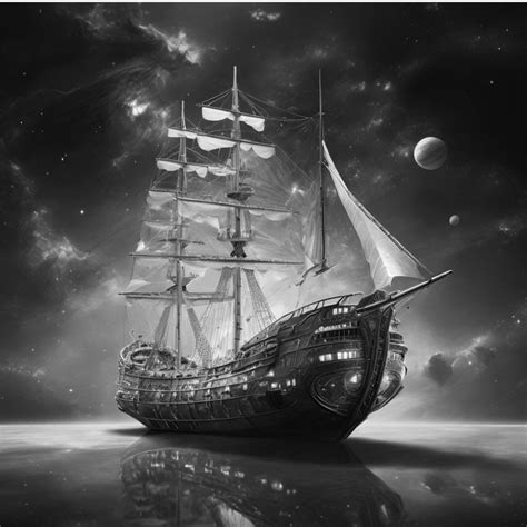 Pirate Ship And Moon In The Background - Black And White - High Resolution Images For Laser ...