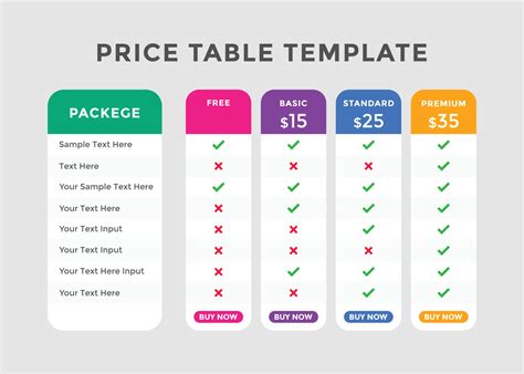 Product price table template. Subscription Package Pricing Comparison ...