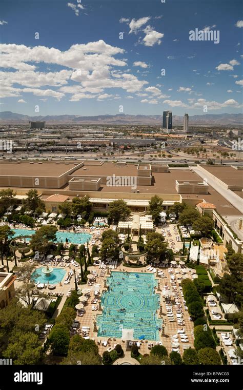 A view out of Las Vegas from the Bellagio Hotel looking across its swimming pool complex ...