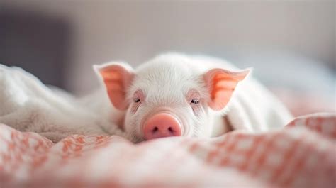 Premium Photo | Cute little domestic white pig sleeping in a bed generated ai