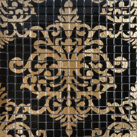 Glass mosaic tile murals black and gold crystal backsplash plated ...