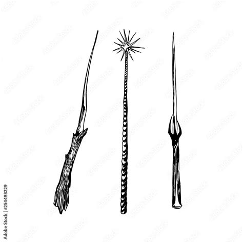 Set of magic wands. Hand drawn sketch illustration. Vector black ink drawing isolated on white ...