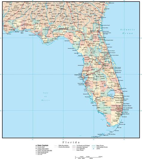 Florida Adobe Illustrator Map with Counties, Cities, County Seats, Major Roads