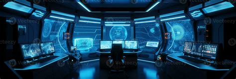 Command center interior banner. 3d room with neon light. Sci-fi concept with screens and ...